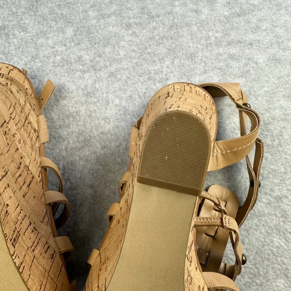 Guess Gladiator Tan Leather Cork Platform Wedge Strappy Sandals Women 9M Studded